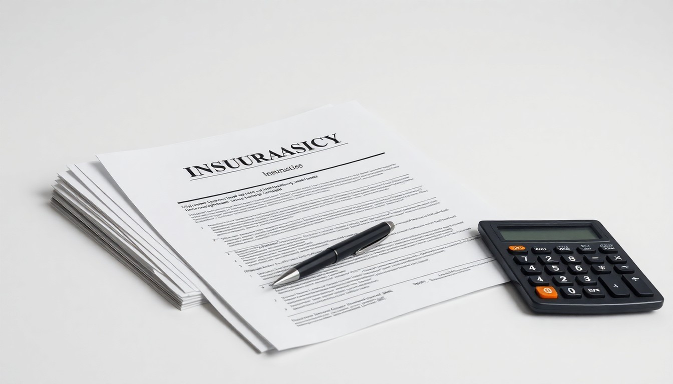 A minimalist, photorealistic studio still life featuring a stack of insurance documents, a pen, and a calculator arranged on a clean, monochromatic background, symbolizing the integration of risk management solutions.