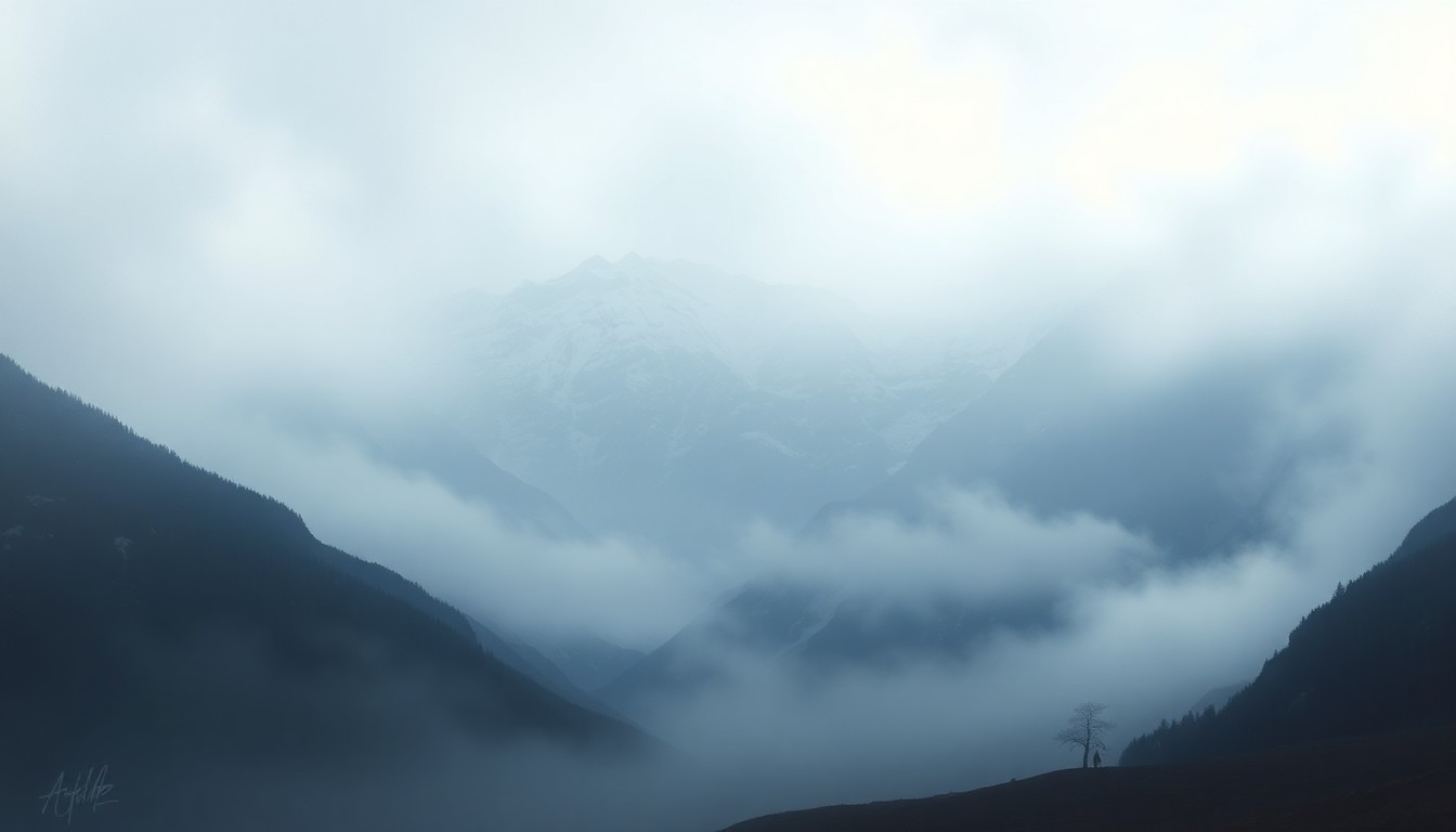 A vast, atmospheric landscape painting depicting a snow-capped mountain range obscured by heavy fog, with a lone tree or structure barely visible in the foreground, conveying the overwhelming scale and power of the natural world.