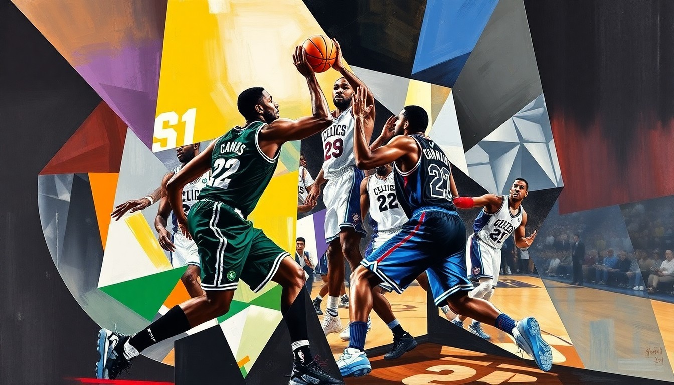 A cubist, geometric painting depicting the intensity and energy of a basketball game between the 76ers and Celtics, with the players' forms broken down into abstract shapes and colors.