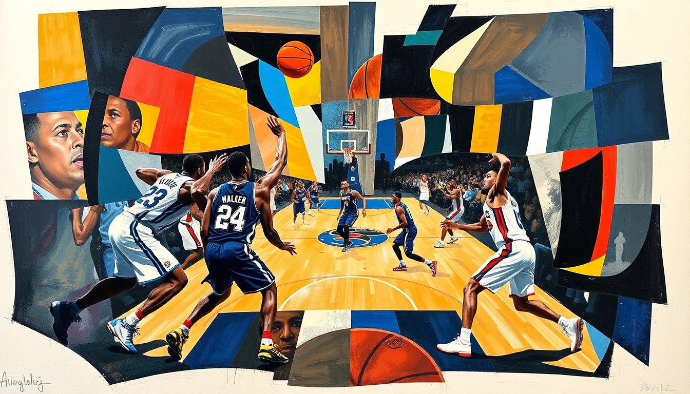 A fragmented, geometric painting depicting the chaotic collision between two basketball players, their bodies broken down into sharp, overlapping shapes and planes of color.