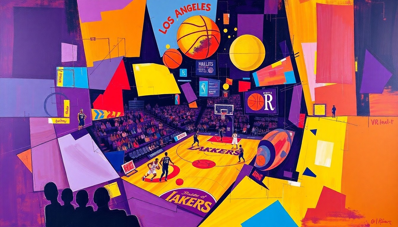 A fragmented, geometric painting depicting the intense physicality and competitive energy of a basketball game between the Los Angeles Lakers and Houston Rockets, with sharp lines and planes of purple, gold, red, and blue colors.