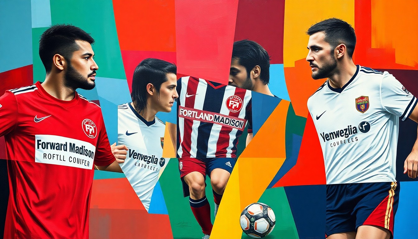 A cubist, geometric painting depicting fragmented soccer jerseys, players, and match scenes in a vibrant color palette, conceptually representing how lower-league teams are using kit design to boost their profiles.