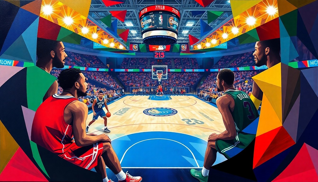 A fractured, multi-perspective painting depicting a basketball game between the Philadelphia 76ers and Boston Celtics, with the players' forms abstracted into colorful, angular shapes and the court and arena fading into the background.
