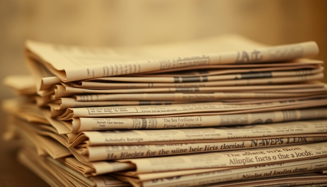 An abstract, out-of-focus photograph showing a stack of old newspapers in soft, warm tones, conveying a nostalgic and reflective mood about revisiting historical news.