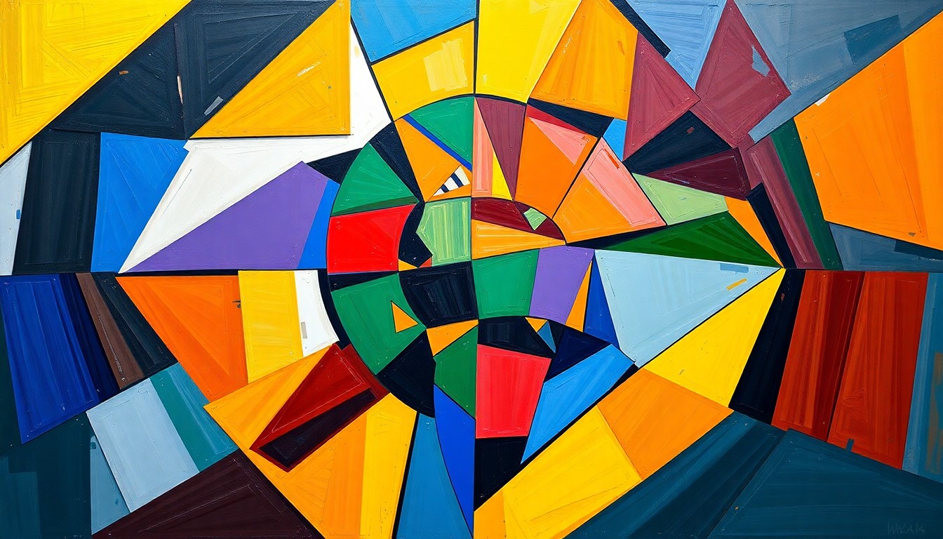 A cubist, geometric painting in vibrant shades of blue, green, and gold, depicting the complex, overlapping elements of a collegiate basketball program's operational framework.