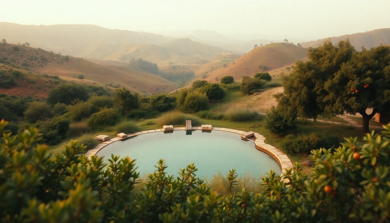 An extremely abstracted, out-of-focus photograph in warm, earthy tones depicting a lush, rolling landscape with a seasonal private swimming hole, surrounded by vibrant greenery and fruit trees, conceptually representing the tranquil and natural setting of the Ojai estate.