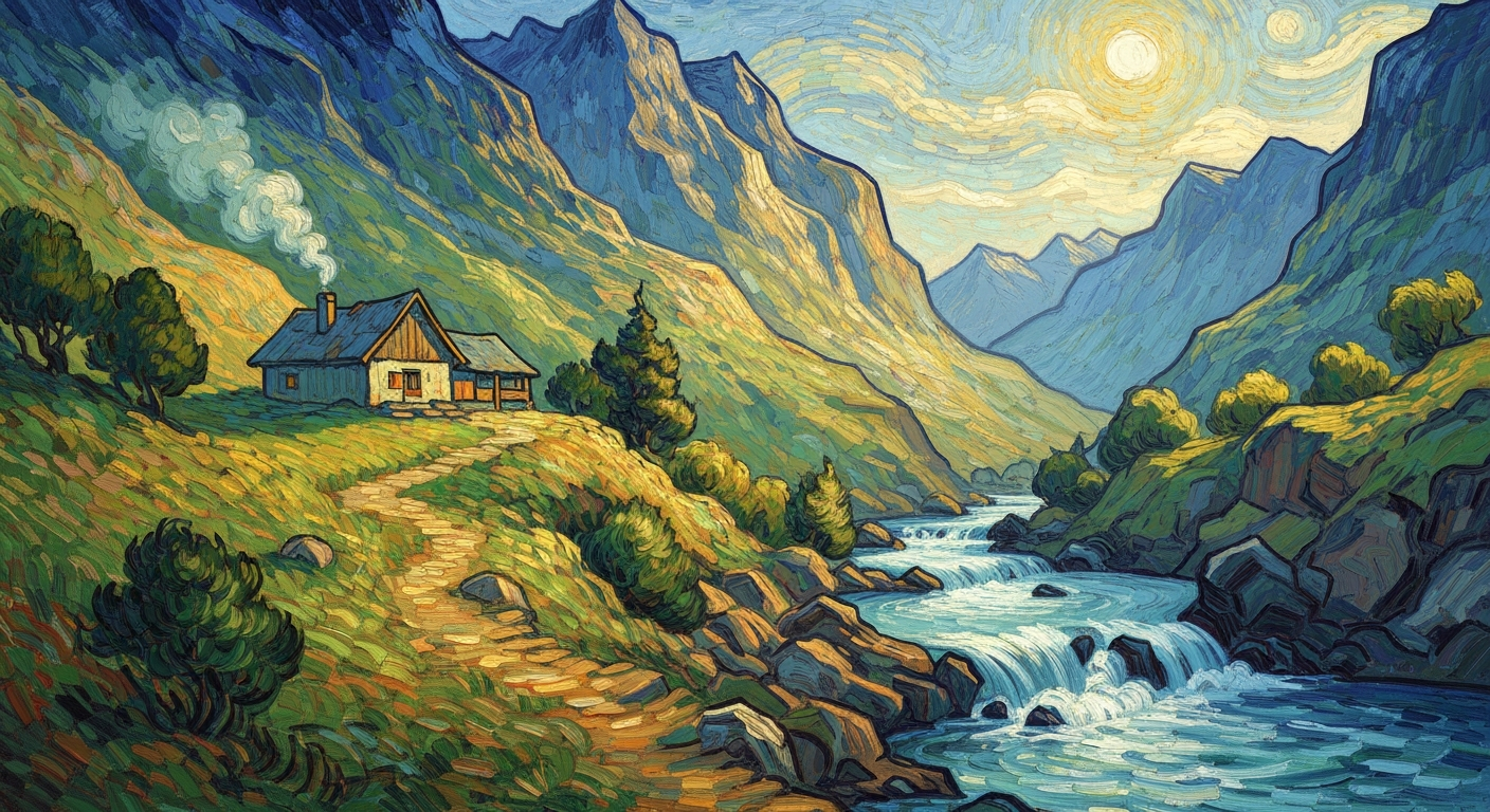 A textured oil painting in the style of Vincent Van Gogh, depicting a serene mountain cabin nestled beside a rushing waterfall, with vibrant strokes of earthy greens, deep blues, and golden sunlight, capturing the tranquility and natural beauty of an outdoor getaway.