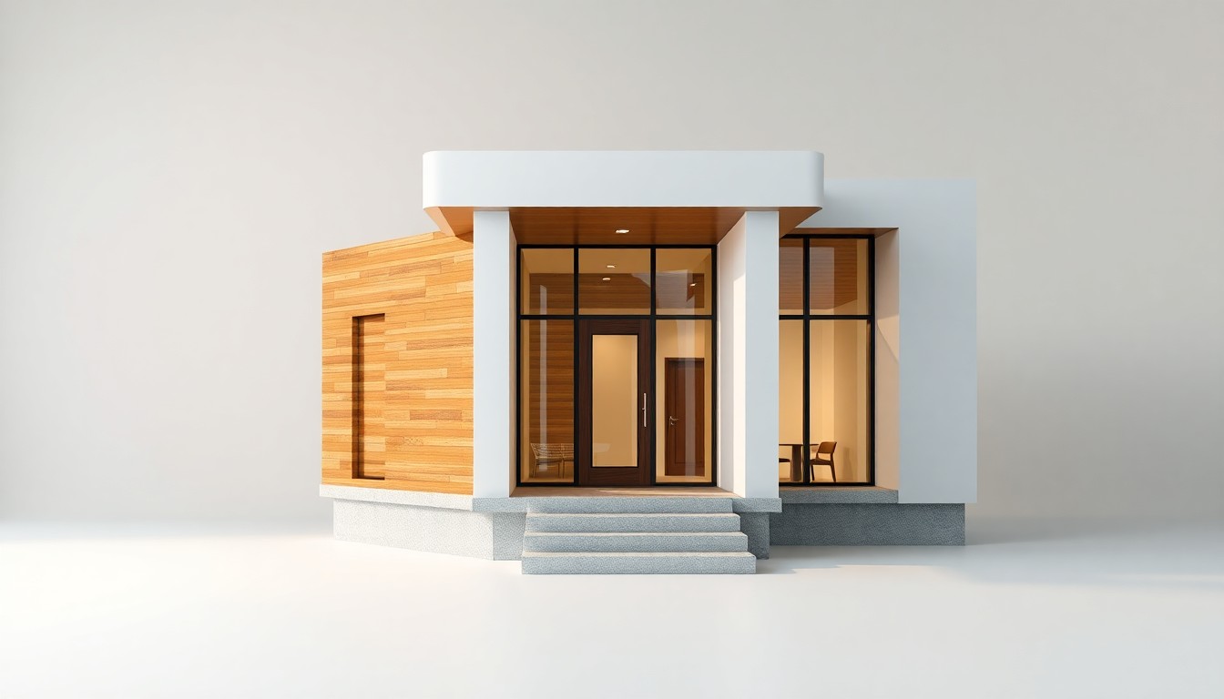 A photorealistic studio still life featuring a polished, geometric model home facade made of premium materials like brushed aluminum, glass, and wood, floating on a clean white background with dramatic lighting and deep shadows to convey a sense of quality, innovation, and modern design in the home building industry.