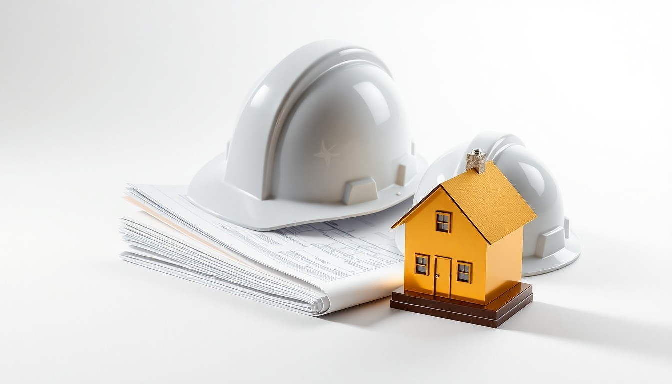 A photorealistic studio still life featuring a stack of architectural blueprints, a hardhat, and a golden house-shaped paperweight, symbolizing the precision, planning, and attention to detail that goes into LGI Homes' homebuilding process.