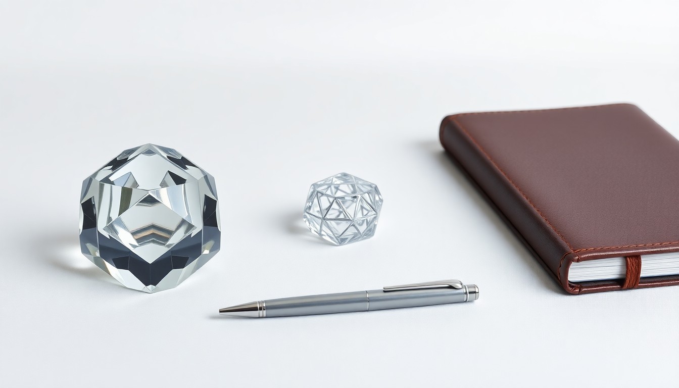 A photorealistic studio still life featuring a polished glass paperweight, a sleek metal pen, and a premium leather-bound notebook, conceptually representing La Rosa Holdings' strategic acquisition and growth in the real estate brokerage industry.