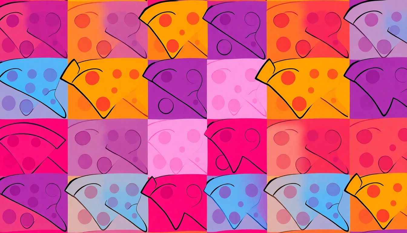 A brightly colored, high-contrast silkscreen print of a single, iconic pizza slice repeated in a tight grid pattern, utilizing flat, vibrant, and unnatural neon color palettes overlapping with heavy black photographic outlines to turn the everyday pizza slice into modern pop art.