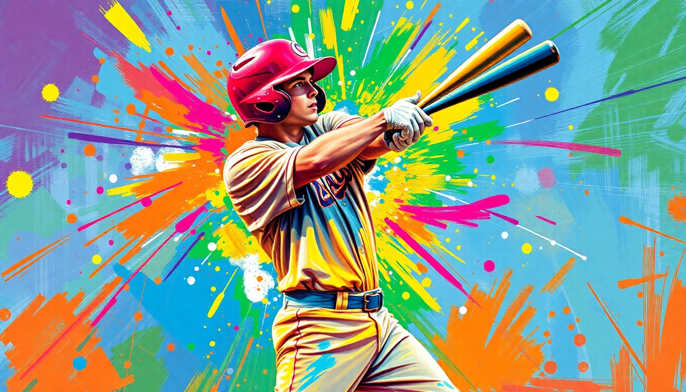 An extreme close-up of a high school baseball player mid-swing, with vibrant neon brushstrokes capturing the raw power and energy of the moment.