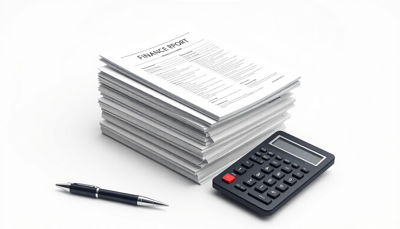 A high-end, photorealistic studio still-life featuring a stack of financial reports, a pen, and a calculator on a clean, monochromatic background, symbolizing the abstract corporate strategy and finance behind Sunrise Realty Trust's commercial real estate lending business.