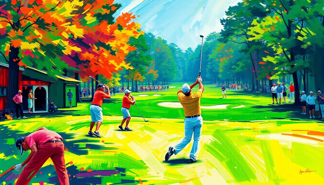 A highly textured, energetic painting in neon greens, blues, and reds, capturing the fluid motion and intense concentration of golfers competing on the fairways of Augusta National Golf Club.