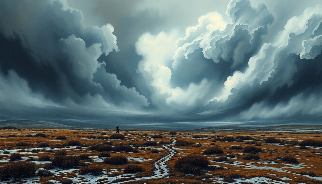 A vast, atmospheric landscape painting in muted tones of gray, blue, and white, depicting a lone runner struggling against a backdrop of ominous, swirling clouds and a biting wind, conveying the raw power and unforgiving conditions they will face on race day.