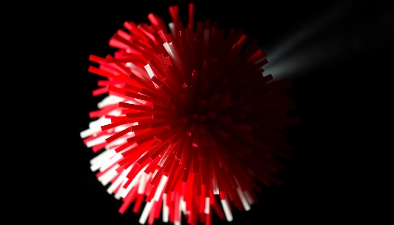 An extreme close-up photograph of a single red and white cheerleading pom-pom, its individual fibers and textures dramatically illuminated by a harsh, direct camera flash against a pitch-black background, creating a stark, gritty, investigative aesthetic.