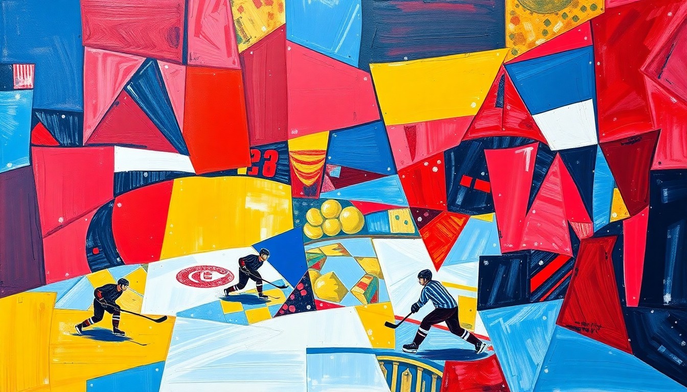 A cubist, geometric painting depicting a fragmented hockey game, with overlapping planes of red, blue, and yellow, conveying the chaotic and disappointing end to the Red Wings' season.