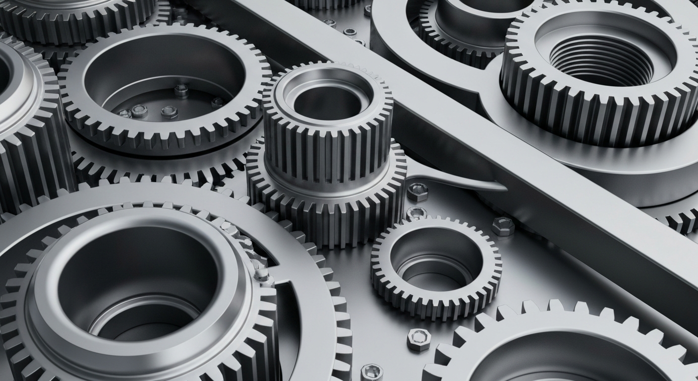 An extreme close-up of intricate, polished metal gears and machinery in shades of silver, steel, and gunmetal grey, conceptually representing the complex financial infrastructure and technology powering the semiconductor industry.