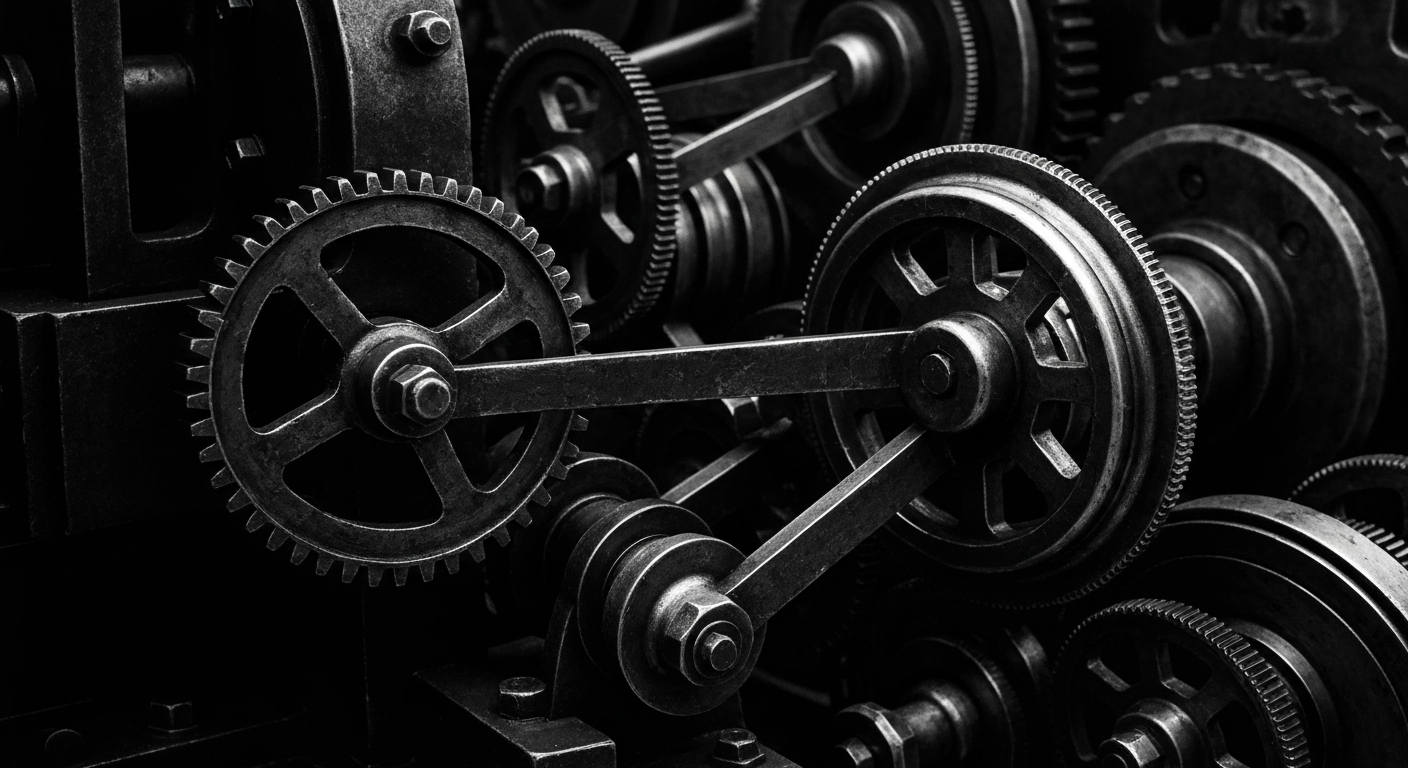 A close-up, black-and-white image of the intricate gears and mechanisms of a complex financial machine, conveying a sense of the powerful, industrial forces driving the gene therapy sector.