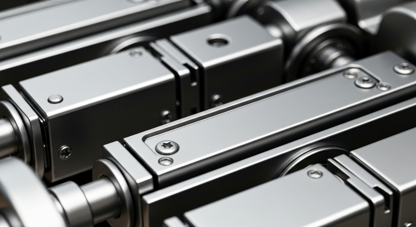 A cinematic close-up photograph of heavy, industrial banking machinery and mechanisms in shades of silver, steel, and chrome, conveying the secure, institutional nature of Oak Valley Bancorp's financial services.