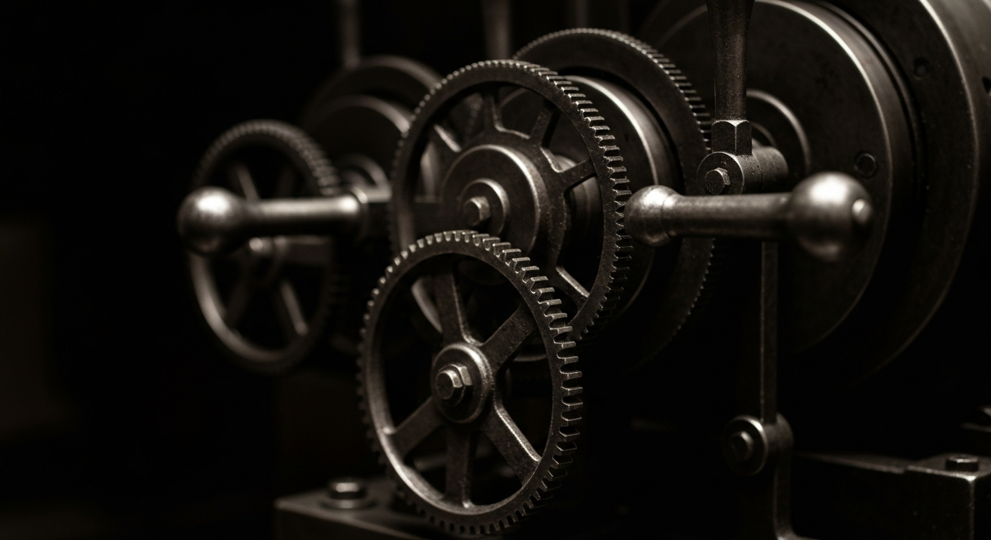 An extreme close-up of the intricate gears, levers, and mechanisms of an industrial financial machine, dramatically lit against a dark background, conceptually representing the complex operations and market influence of the Valhi conglomerate.