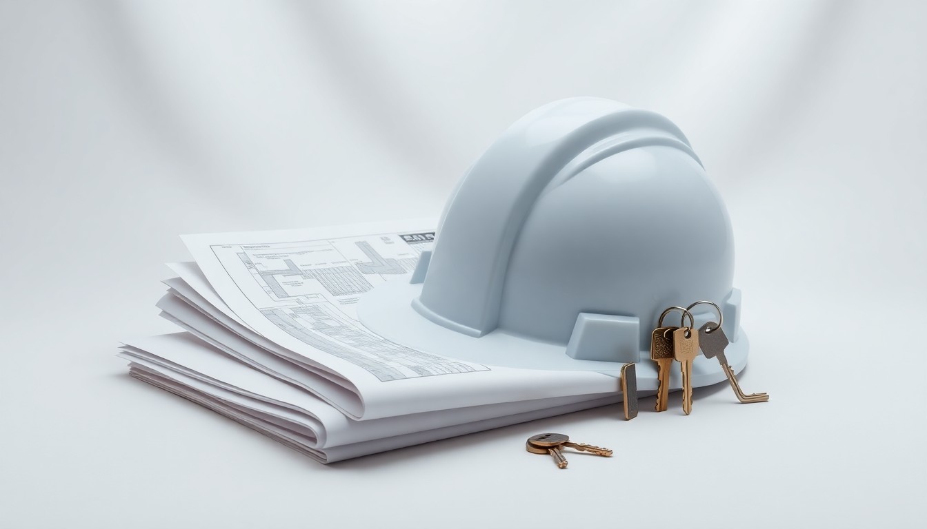 A photorealistic studio still-life photograph featuring a stack of construction blueprints, a hardhat, and a set of keys arranged on a clean, white background, symbolizing the intersection of construction and insurance.