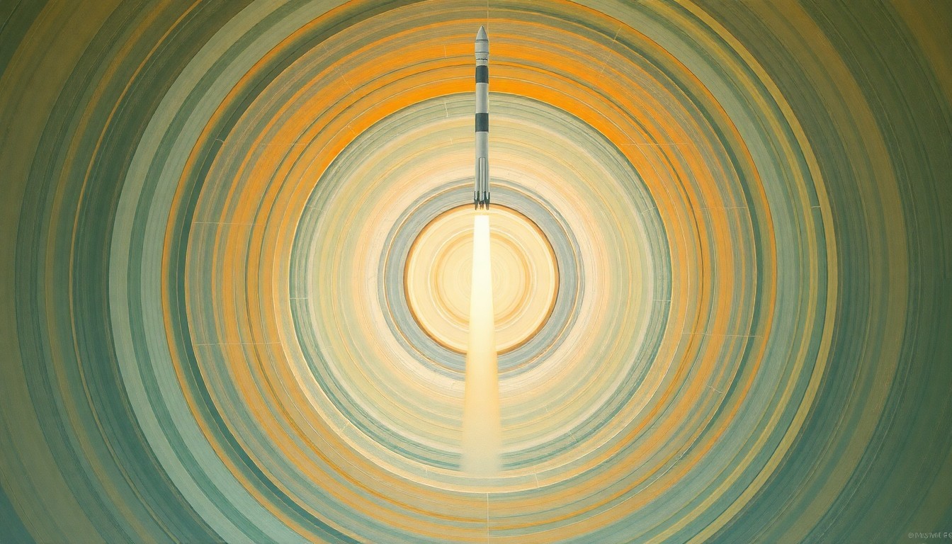 A bold, abstract painting in the style of Hilma af Klint, featuring sweeping geometric arcs, concentric circles, and precise spirals in earthy tones of green, blue, and orange, representing the launch of the Ariane 6 rocket and the deployment of the Amazon Leo satellites.