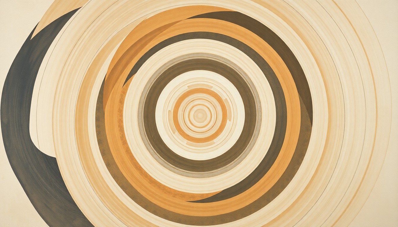 A bold, abstract painting featuring sweeping geometric shapes and intersecting waveforms in earthy tones, conceptually representing the complex forces and concepts of offshore wind energy.