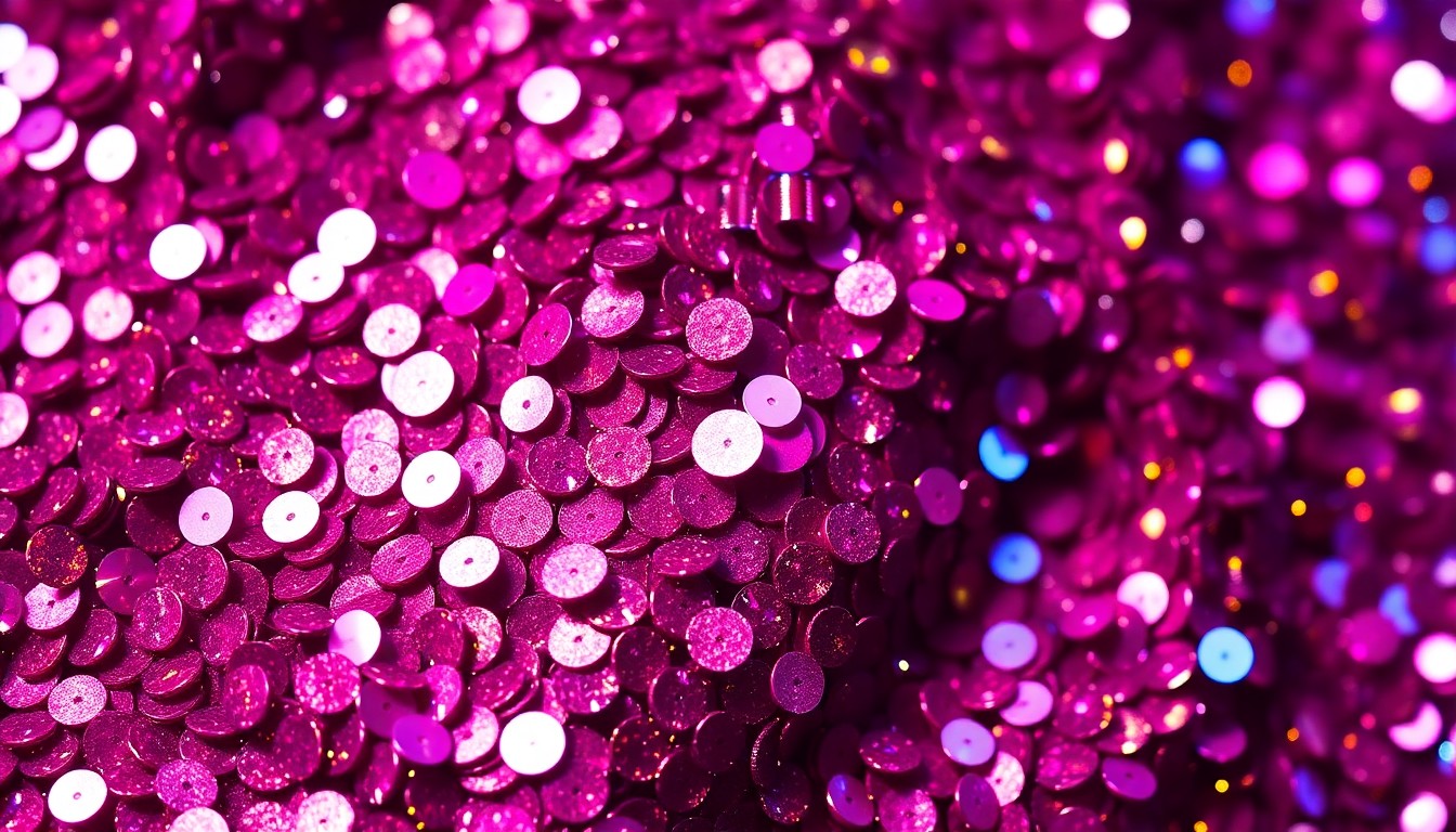 An extreme close-up photograph of shimmering, high-contrast sequins in vibrant shades of pink, purple, and gold, capturing the luxurious, high-fashion aesthetic of the KATSEYE music group.