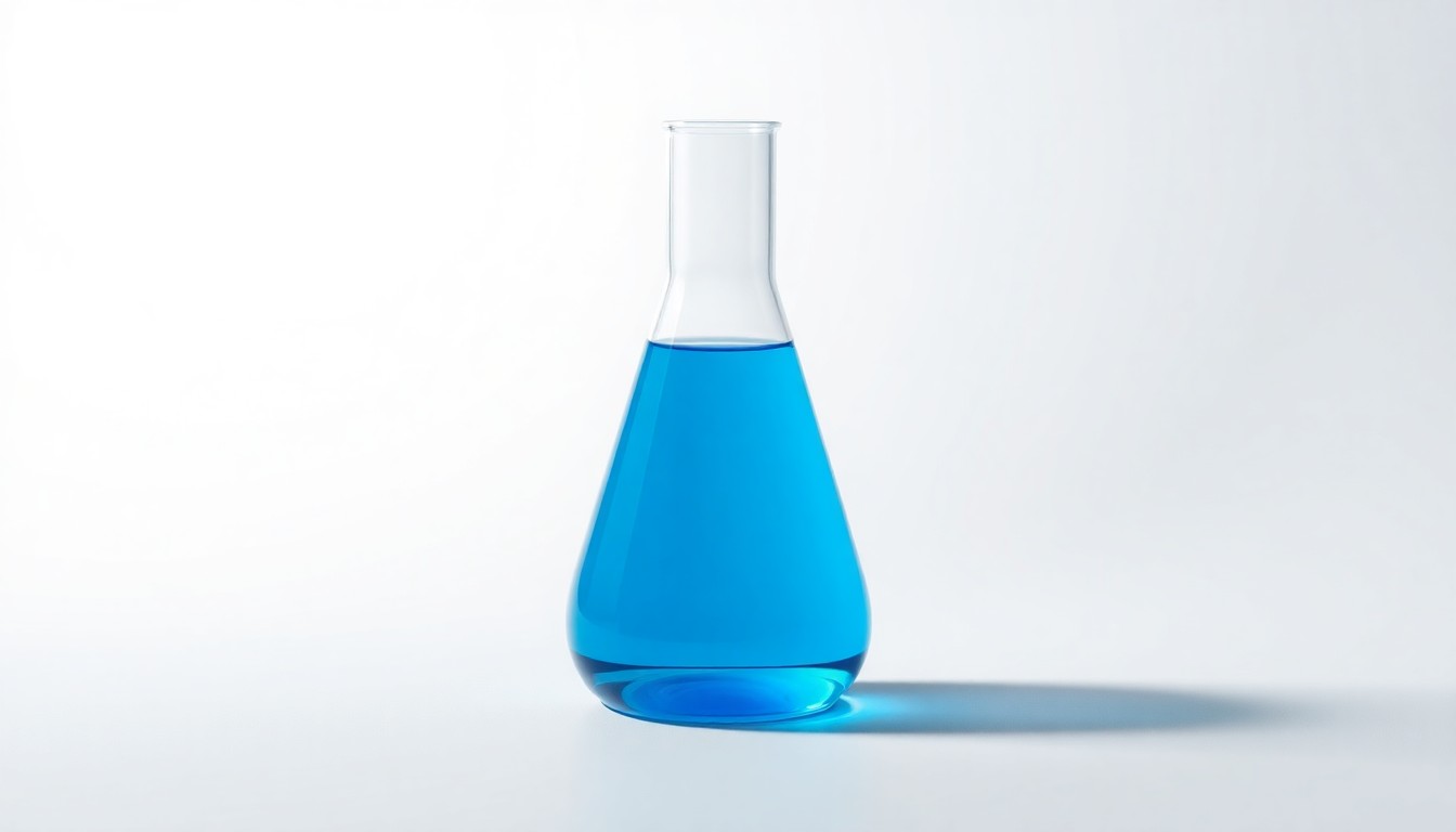 A photorealistic studio still-life image featuring a sleek, modern glass beaker filled with a vibrant blue liquid, symbolizing the precision and focus of the biopharmaceutical company's scientific endeavors.