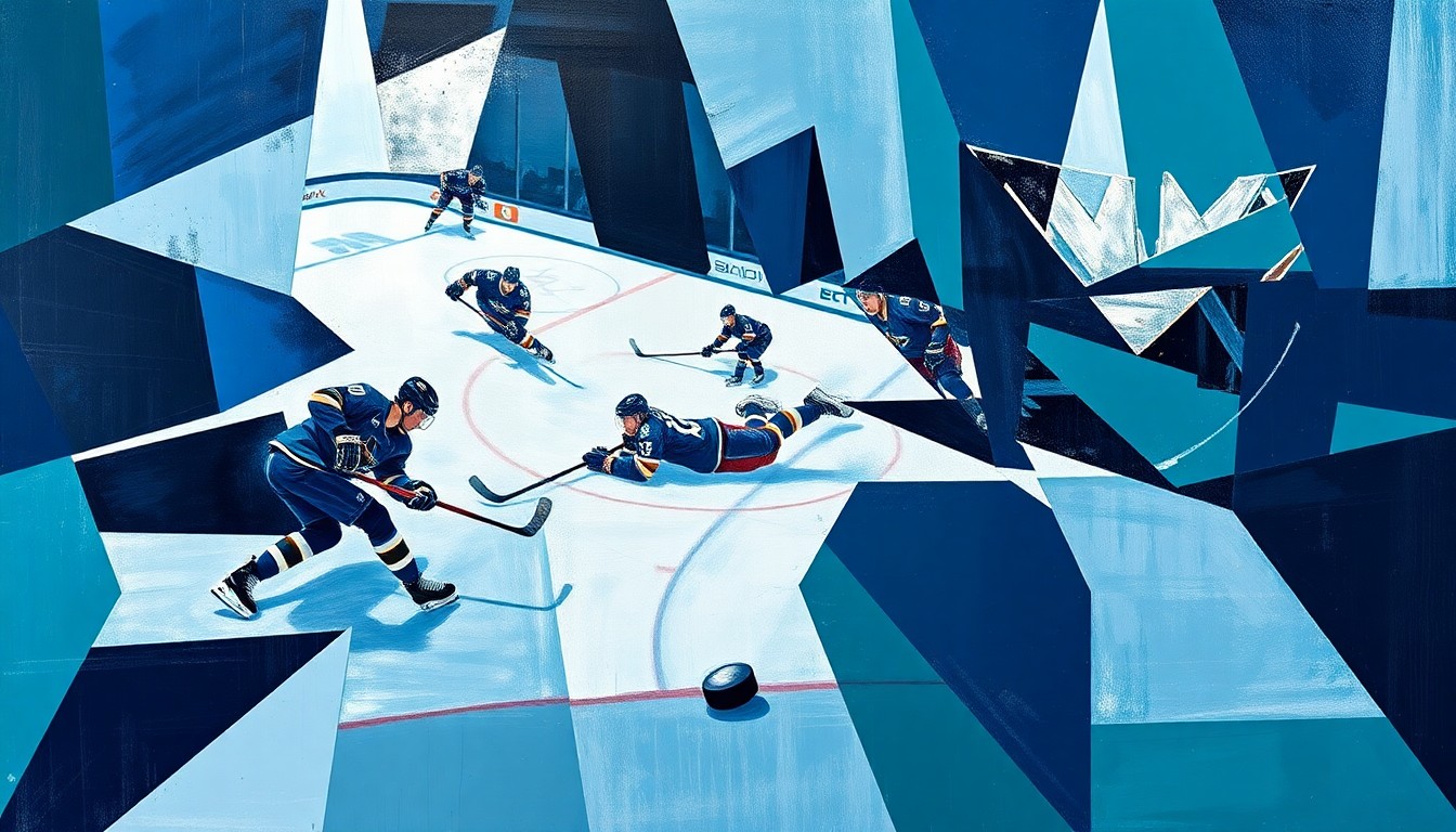 A cubist, geometric painting depicting a hockey game between the Winnipeg Jets and San Jose Sharks, with the players and puck represented as fragmented, angular shapes in a palette of navy blue, teal, and silver.