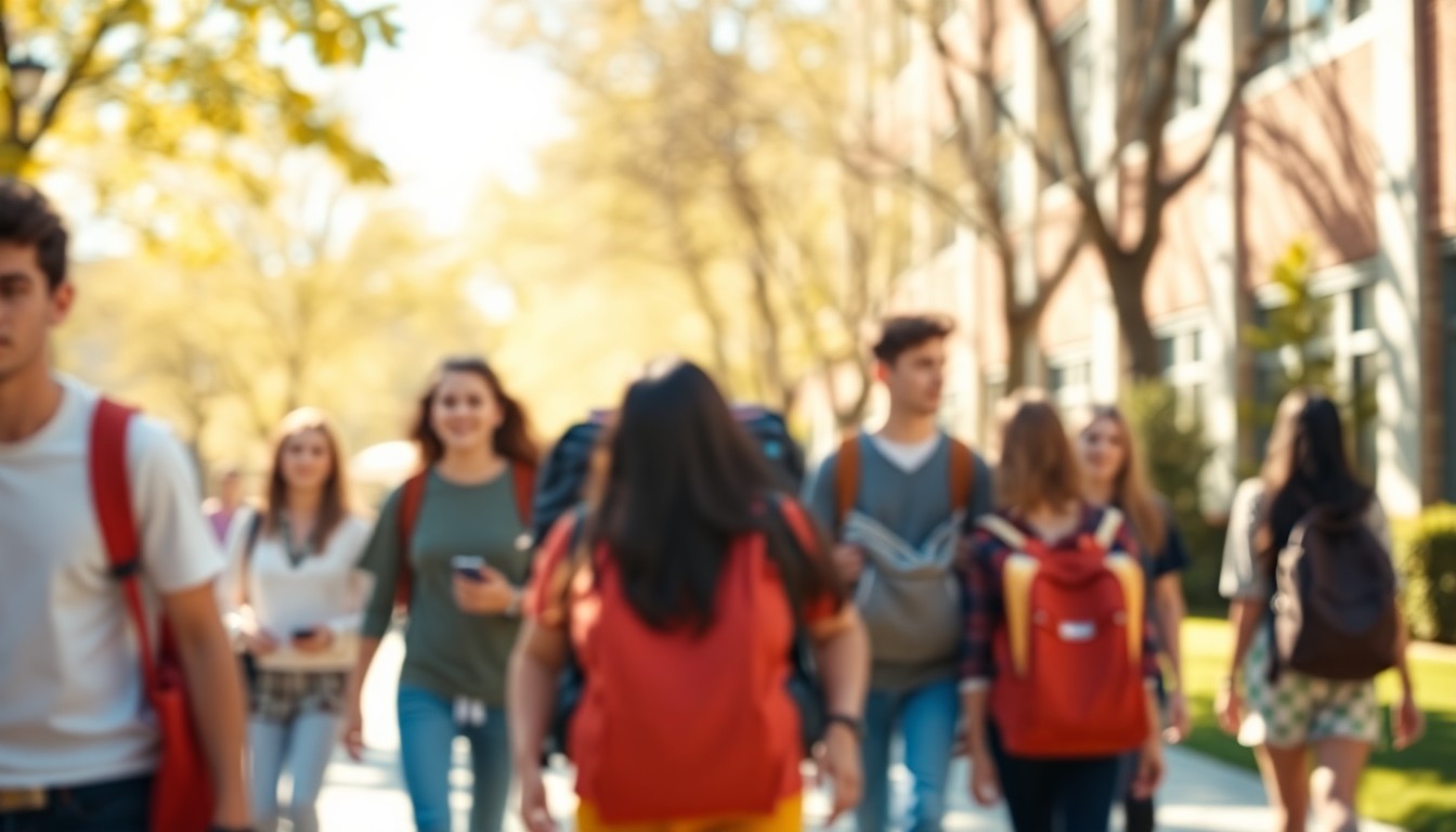 An abstract, impressionistic photograph of several blurred figures of high school students walking together on a sunny campus, their forms and faces obscured in soft pools of warm color and light.