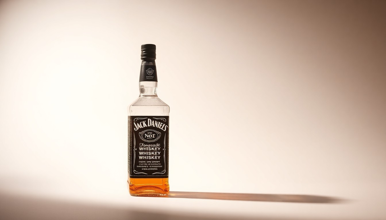 A high-end, photorealistic studio still-life photograph featuring a single, premium glass bottle of Jack Daniel's whiskey placed elegantly on a clean, monochromatic seamless background. The bottle is lit dramatically with sharp studio lighting and deep shadows, conceptually representing the abstract corporate strategy and market forces shaping the spirits industry.