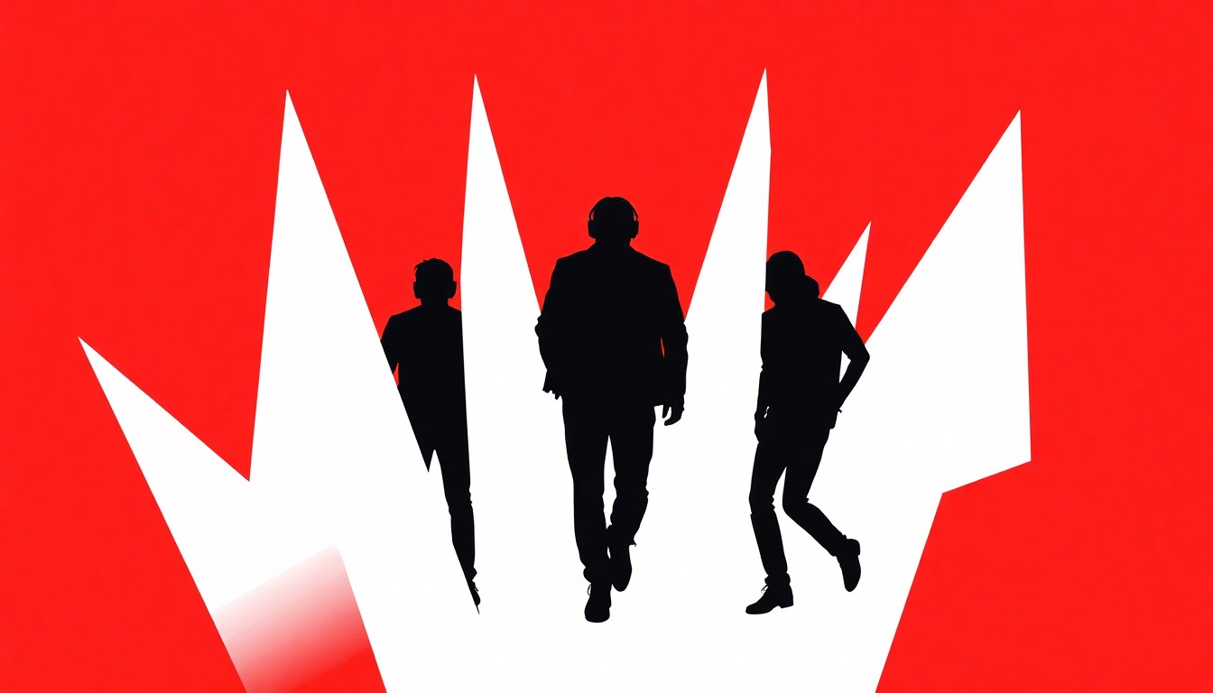 A minimalist, abstract illustration featuring bold, jagged shapes in contrasting red and white, capturing the raw energy and rebellious spirit of the electroclash music genre.