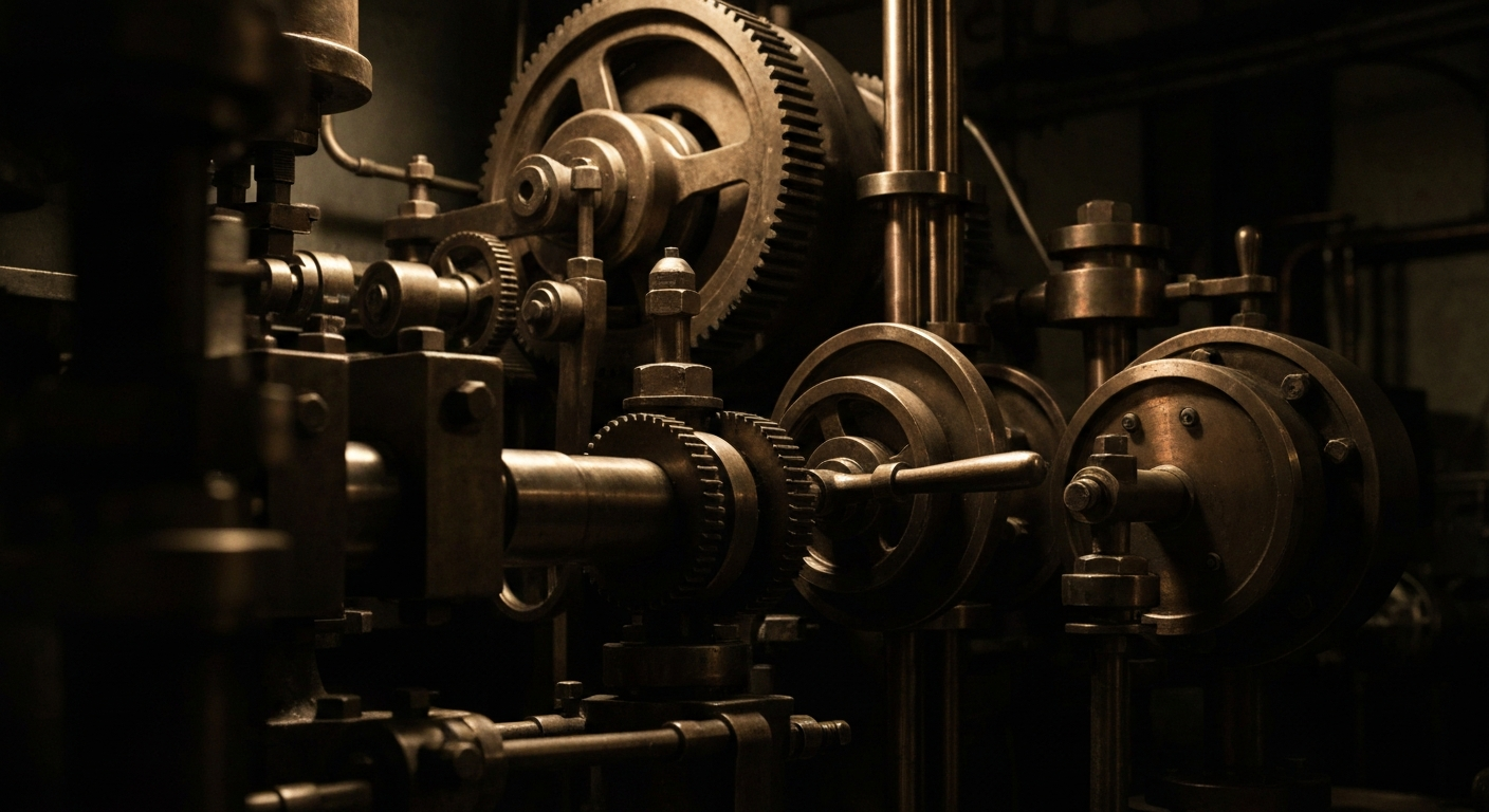 An extreme close-up of the gears, levers, and metal components of a large banking machine, conveying the heavy, industrial nature of the financial sector.
