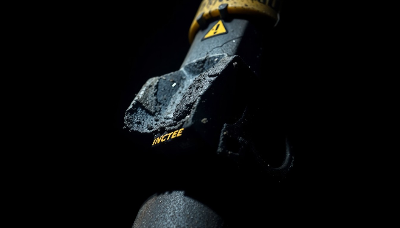 An extreme close-up photograph of a damaged construction tool or equipment part, lit by a harsh, direct camera flash against a pitch-black background, conceptually illustrating the gritty details of a fatal workplace incident.
