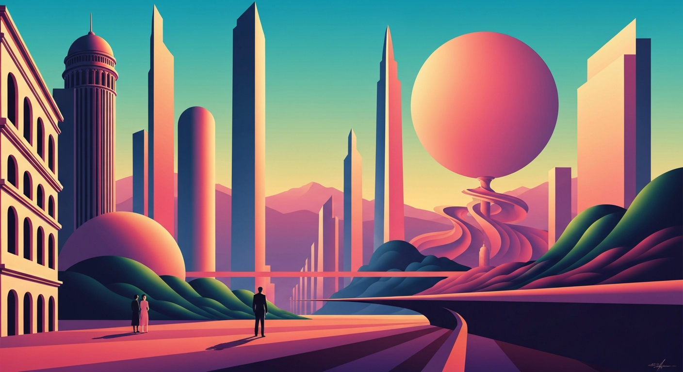 A highly stylized, geometric illustration depicting a towering, streamlined hotel building in shades of blue and gray, with a sense of grandeur and scale that evokes the frustration of unexpected travel disruptions.