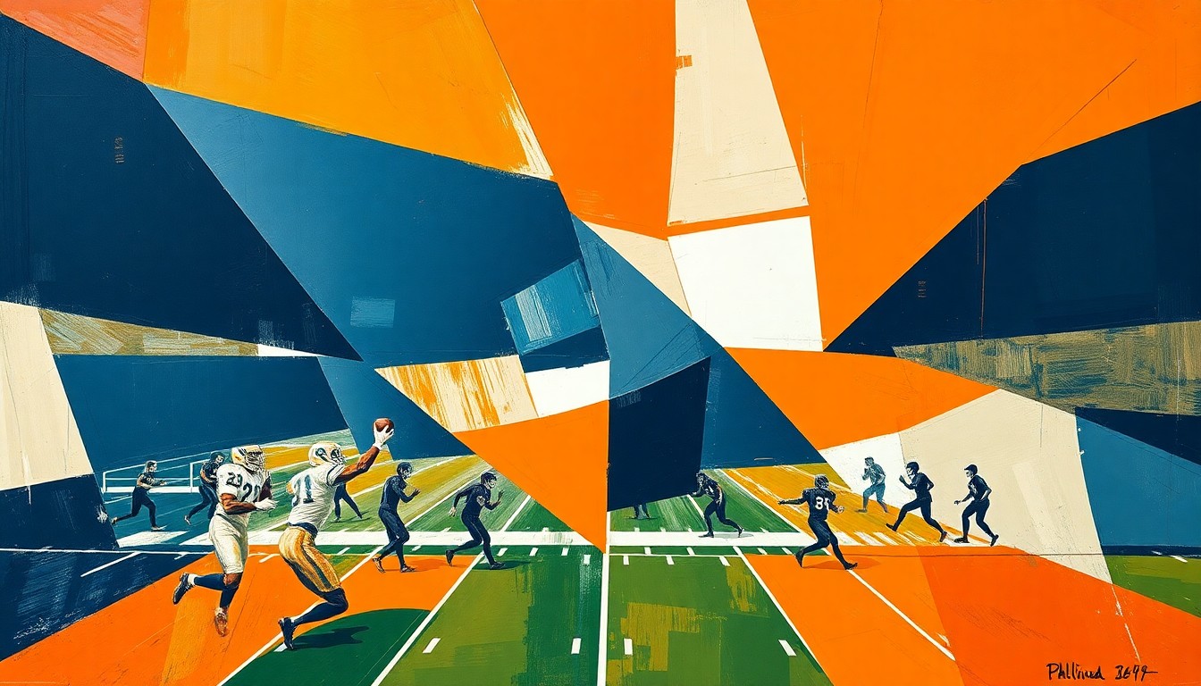 A fragmented, geometric painting in shades of orange, navy, and white, depicting the overlapping movements and perspectives of a football game or practice, conveying the strategic complexity of recruiting top talent.