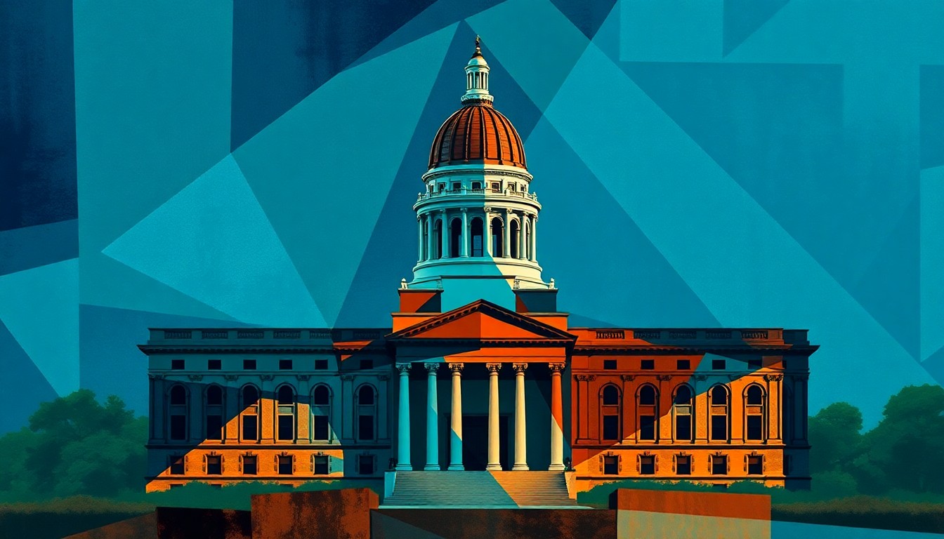 A vibrant, abstract painting featuring the Illinois state capitol building repeated in overlapping, geometric waves of deep blue, forest green, and burnt orange colors, conceptually representing the political divisions within the state.