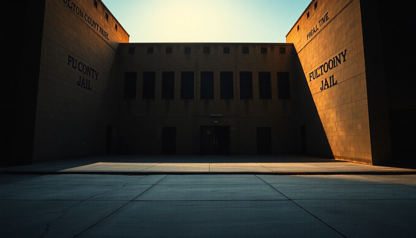 A cinematic, nostalgic painting of the exterior of the Fulton County Jail, with warm diagonal sunlight casting deep shadows across the aging concrete facade, evoking a sense of quiet contemplation about the challenges facing the county's correctional system.