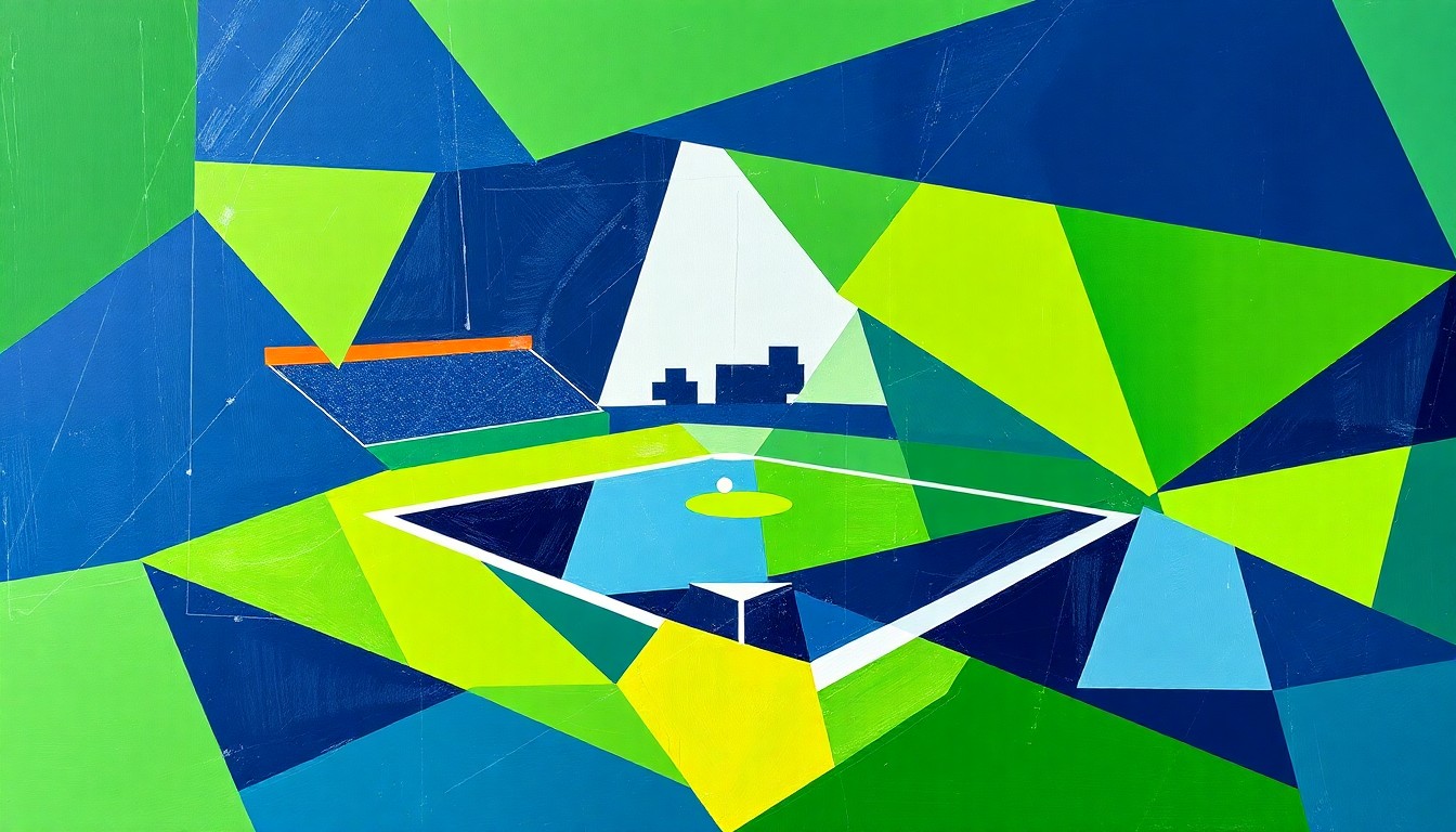 A fragmented, geometric painting depicting the motion and competition of a college softball game through sharp, overlapping shapes and planes in navy, green, and white.
