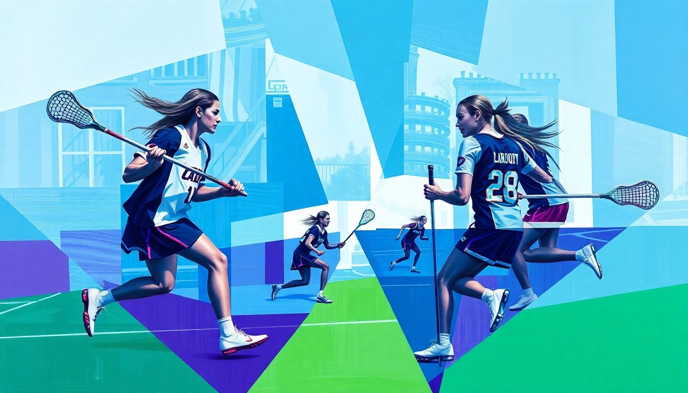 A fragmented, geometric painting depicting the dynamic movements and competing perspectives of a women's lacrosse match, conveying the intensity and energy of the game.