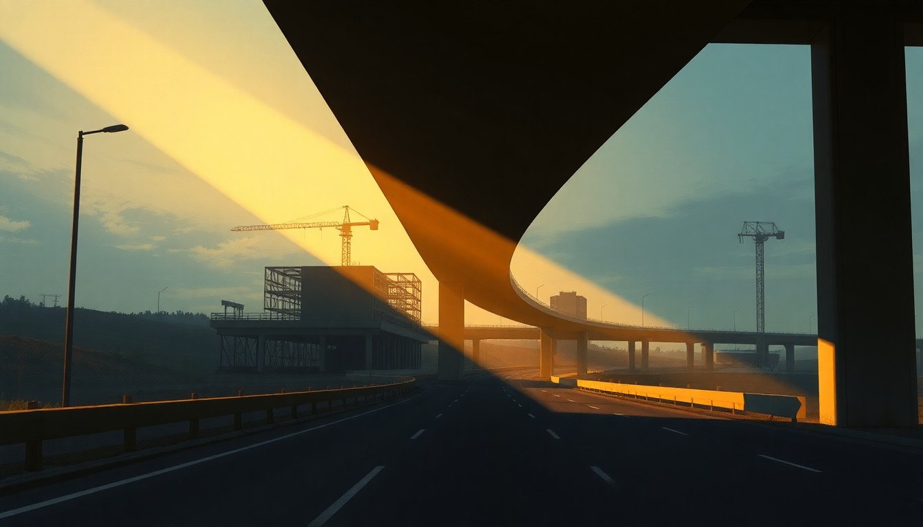 A serene, cinematic painting of a lone highway overpass or construction site, with warm sunlight casting long shadows across the scene, conveying a sense of quiet contemplation about the complex tradeoffs involved in infrastructure funding.