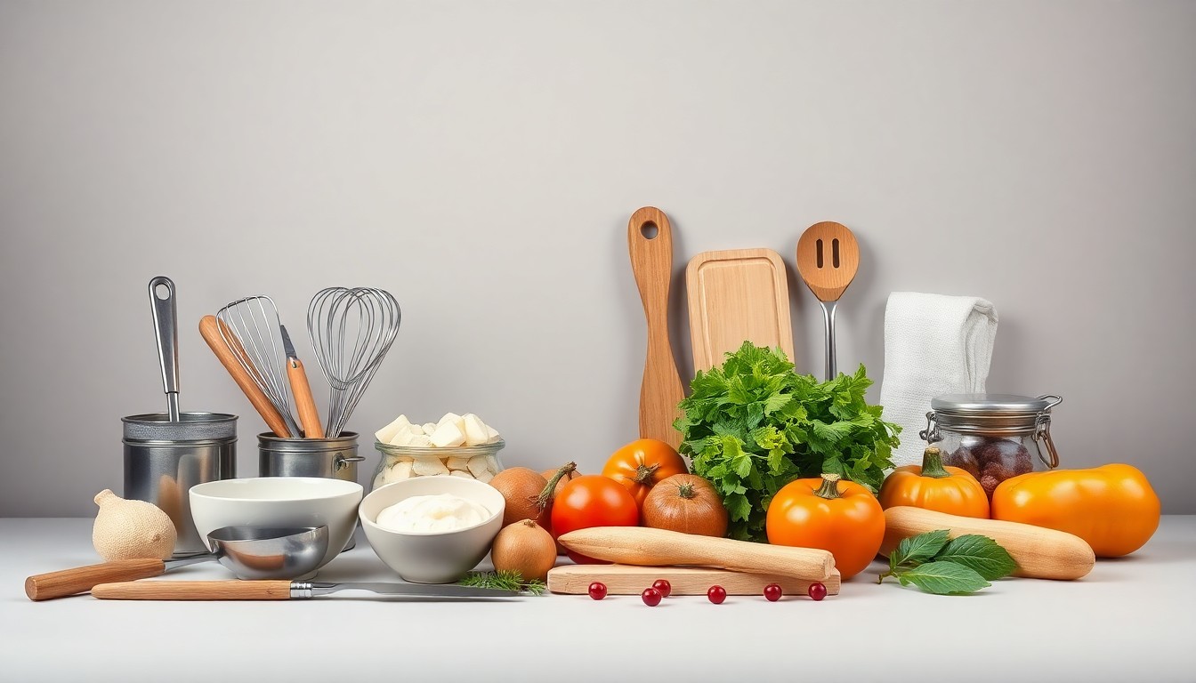 A carefully arranged studio still life featuring a selection of premium kitchen tools and ingredients, symbolizing the resources available to aspiring food entrepreneurs through the county's programs.