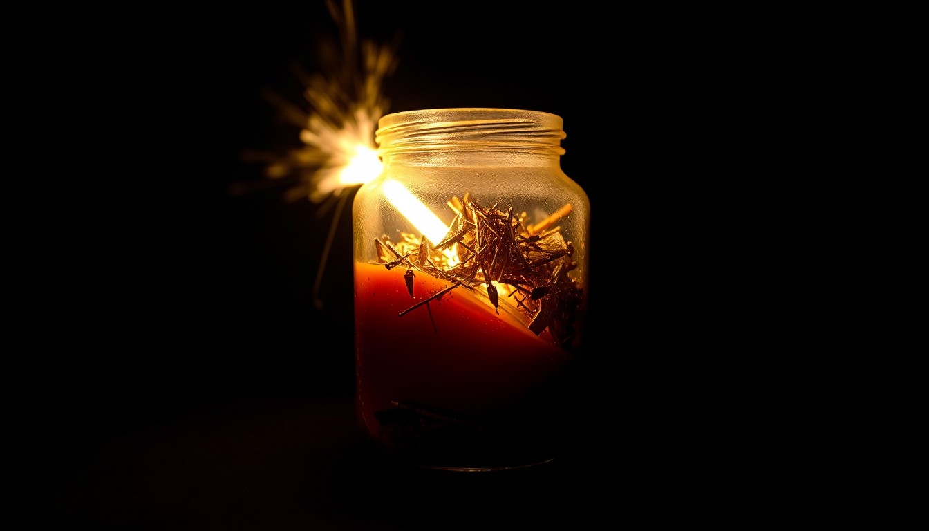 An extreme close-up photograph of a homemade explosive device, such as a jar-sized bomb, lit by a harsh, direct camera flash against a pitch-black background, conceptually illustrating the materials used in the failed attack.