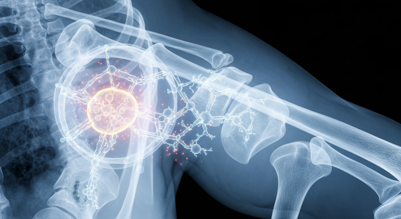 A ghostly, translucent X-ray photograph revealing the intricate internal structure of a human bone, with glowing lines and shapes conceptually representing the molecular processes involved in sarcoma development that are targeted by a novel cancer therapy.