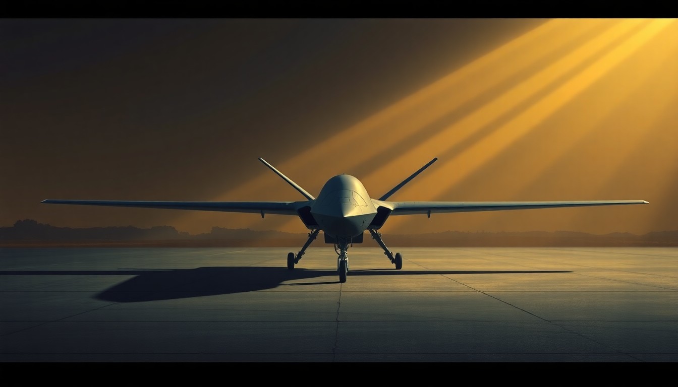 A serene, photorealistic painting of a military aircraft resting on a tarmac, with warm sunlight casting long shadows across the scene, conveying a sense of contemplation and the weight of defense spending decisions.