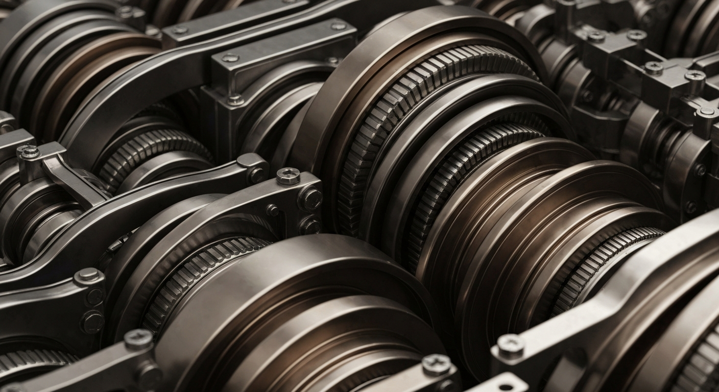 A highly detailed, cinematic close-up image of the intricate gears, levers, and mechanisms of a large banking or financial services machine, rendered in shades of steel, bronze, and chrome to convey the institutional power and technical sophistication of Charles Schwab's operations.