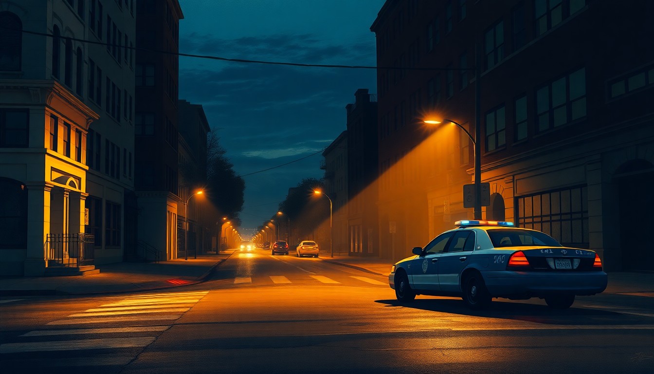 A dimly lit urban street corner with a lone police car parked on the curb, the scene bathed in warm, cinematic lighting that casts deep shadows, conceptually representing the tension between law enforcement and community oversight.