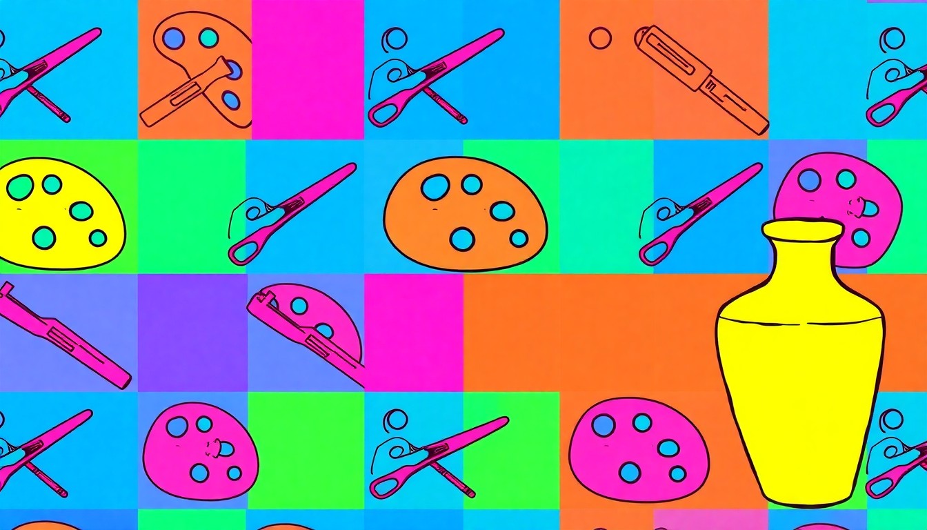 A vibrant, abstract grid of brightly colored, silkscreen-style images of various student art supplies and tools, conceptually representing the creative energy and artistic expression of the WSU fine arts program.